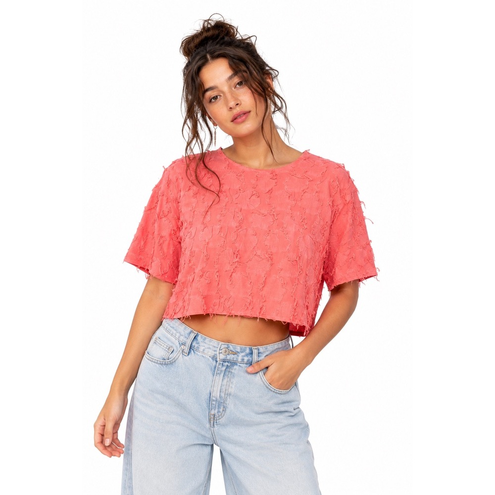 Peck & Peck Coral Shaggy Frayed Textured Cotton Linen Crop Top L Boxy Festival